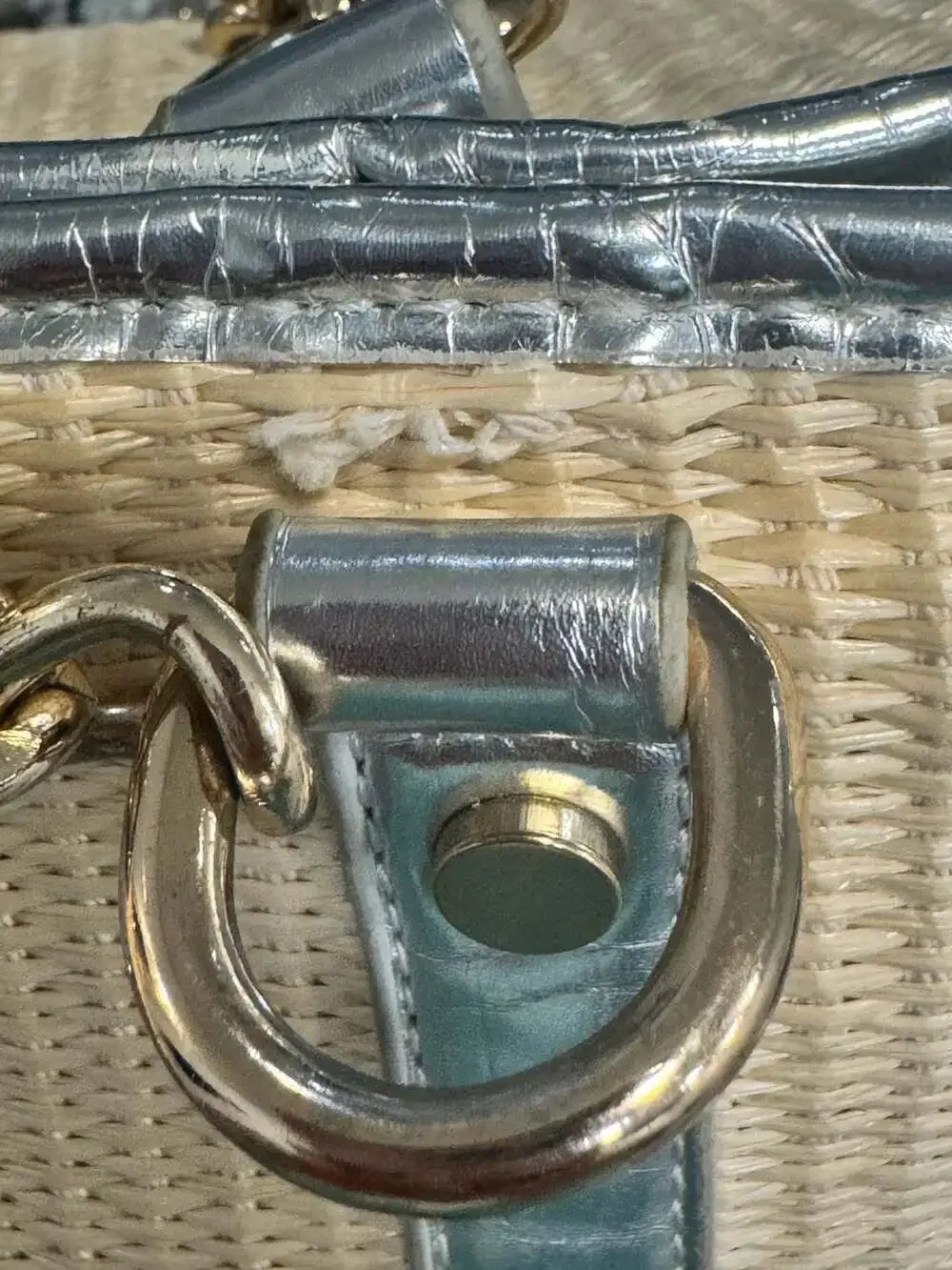 Tory Burch Ella Straw Tote Natural Woven Silver Metallic Chain Shoulder Bag